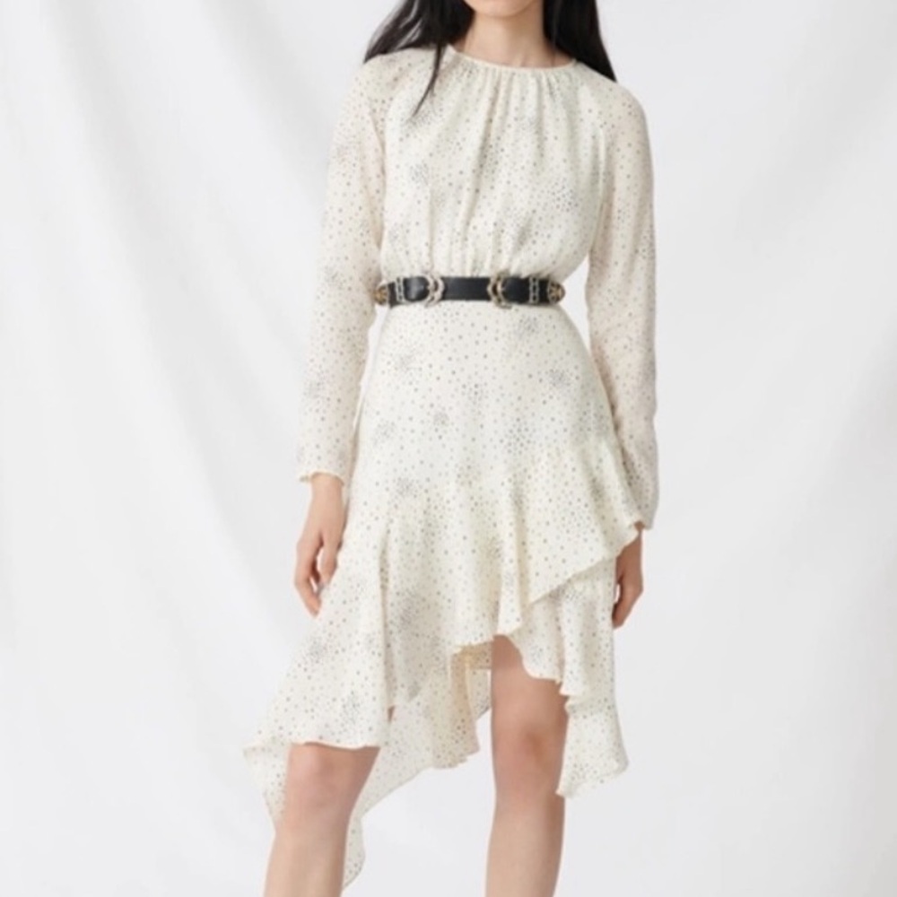 Maje Reto Flowing Dot Print Asymmetrical Hem Dress